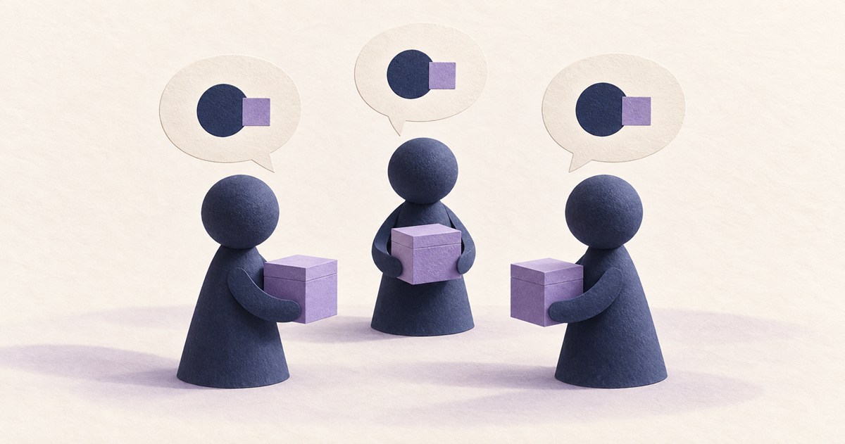 中身の見えない箱をそれぞれ持ち、同じ記号の吹き出しで話す三つの駒