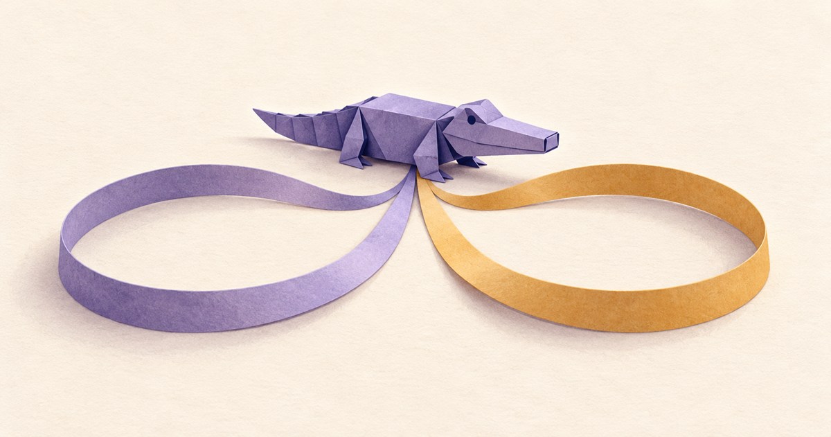 穏やかな紙立体のワニの前で、紫と黄土色の2本のリボンが分岐し、同じ場所へ戻るイラスト