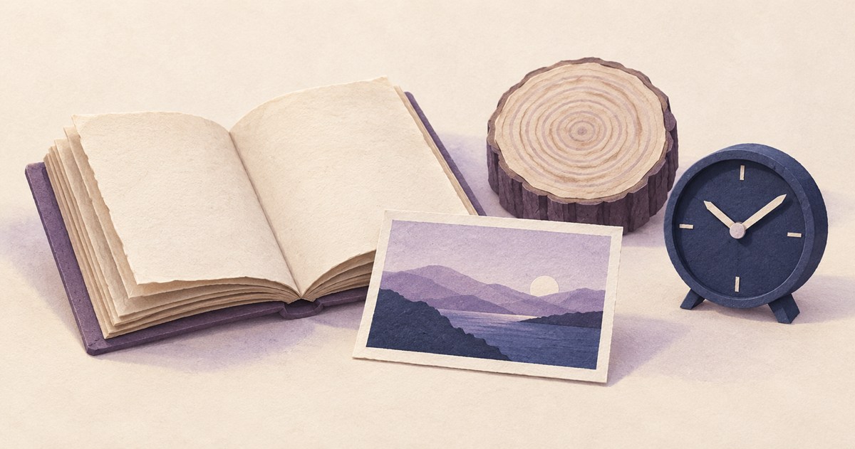 古い日記、写真、年輪の模型、小さな時計を並べた卓上のイラスト