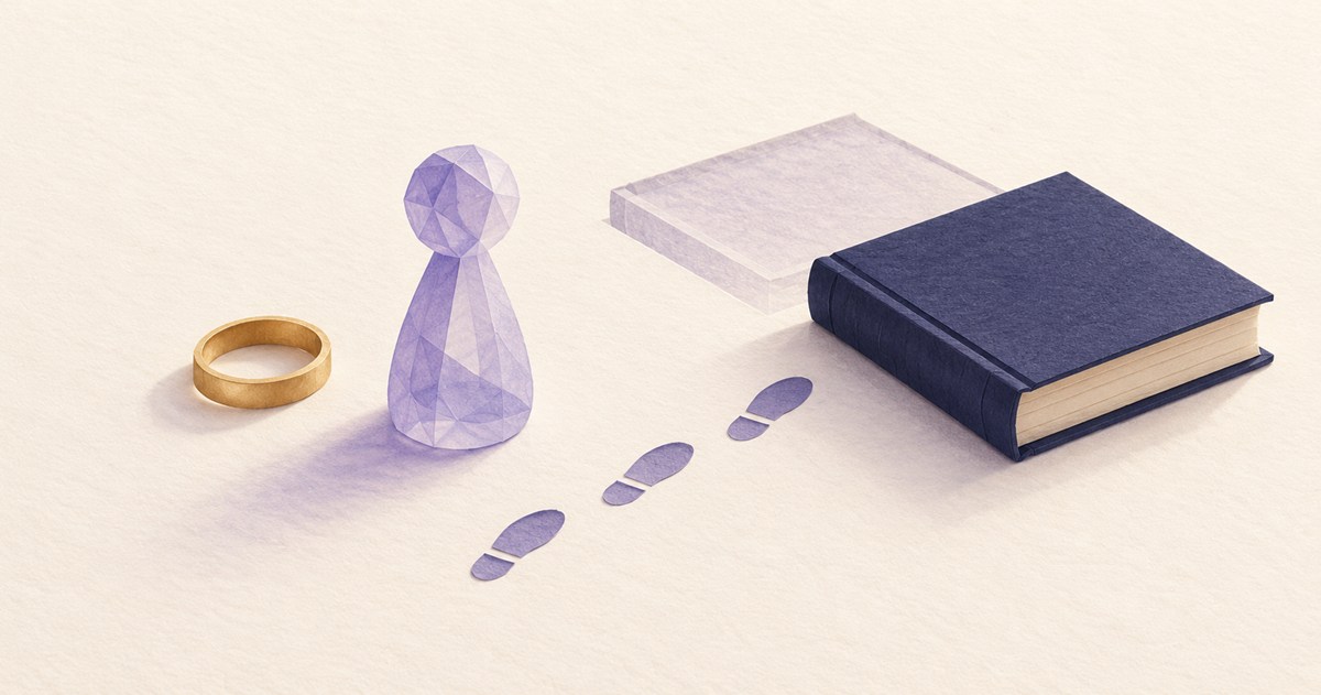 指輪と半透明の駒のそばに、動かされた本と足跡が残る模型