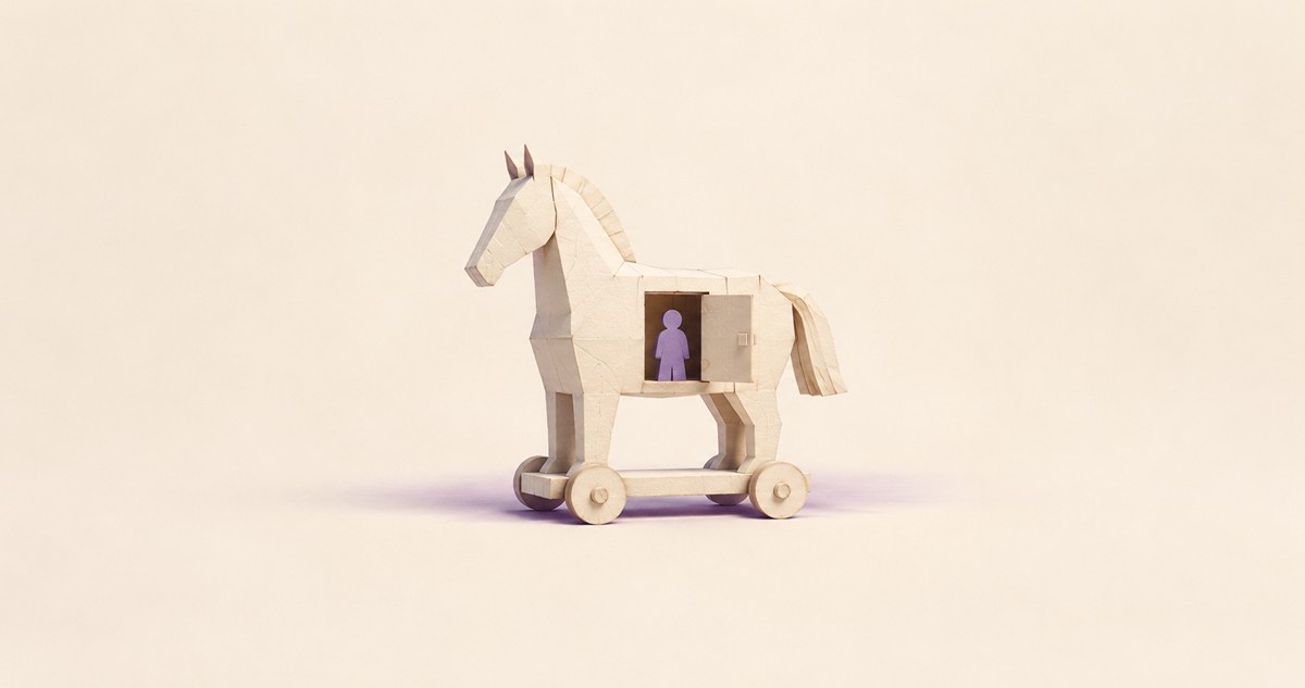 車輪付きの木馬の胴に開いた扉から、小さな紫の人型が見える紙模型