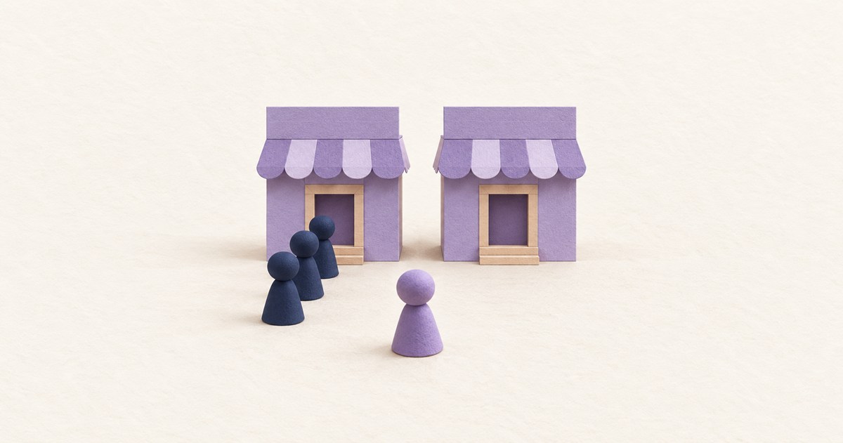 一方だけに駒の列ができた二つの店を、中央の駒が見比べる模型
