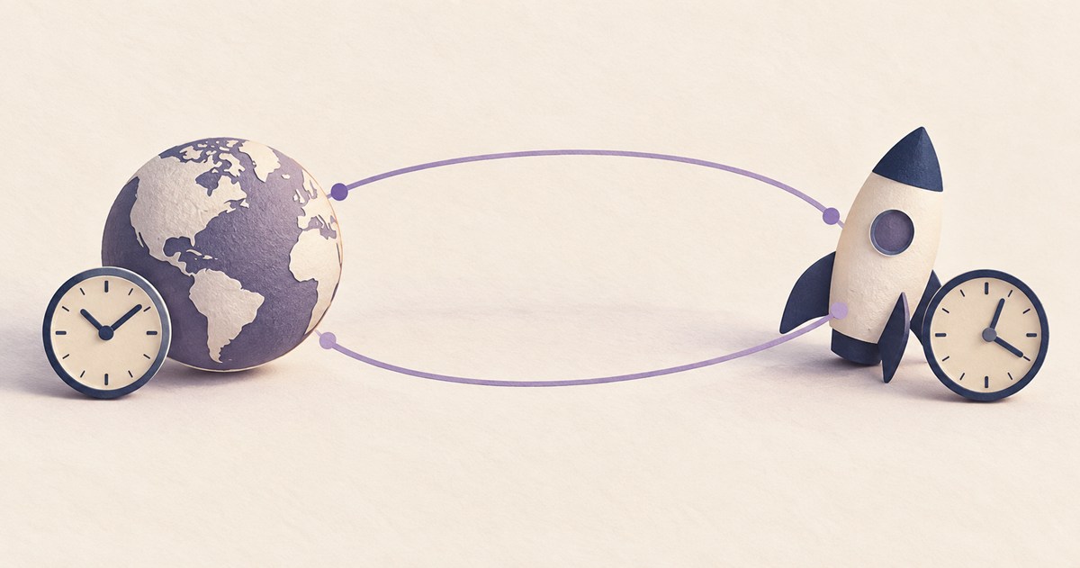 地球に残る時計と、往復する宇宙船の時計を並べた模型