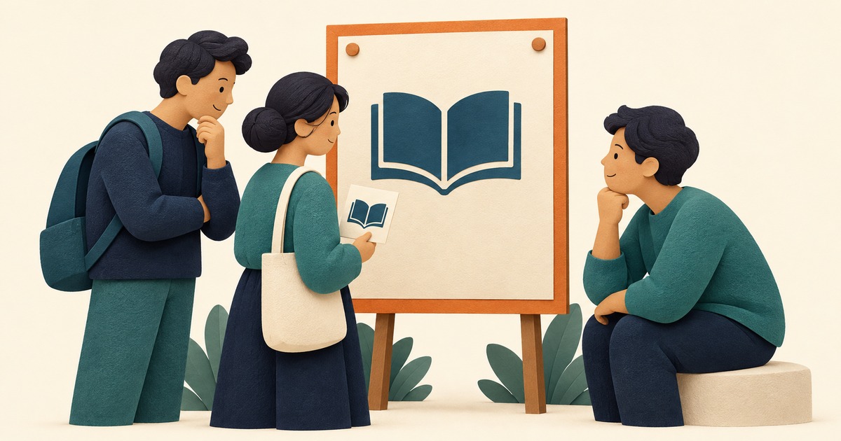 本の記号が描かれた掲示板を囲み、案内のカードを見る人たちのイラスト