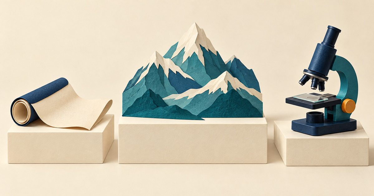 歴史資料を表す巻紙、雪山の模型、顕微鏡を別々の台に並べたイラスト