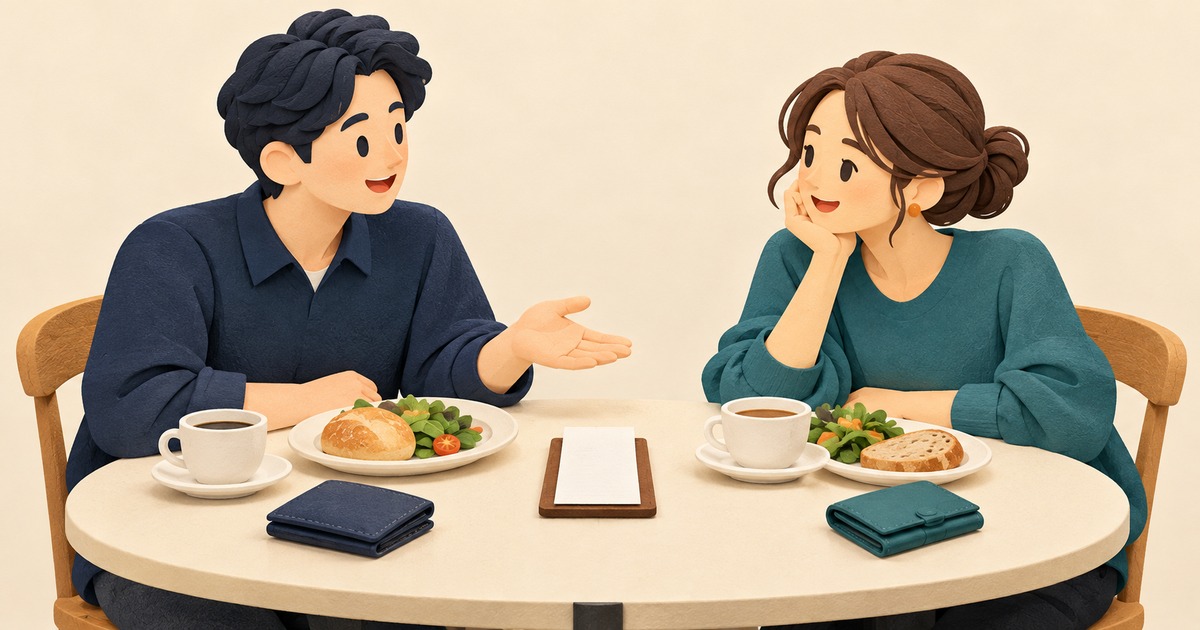 食事と白紙の伝票、二つの財布が置かれたテーブルで話す二人のイラスト