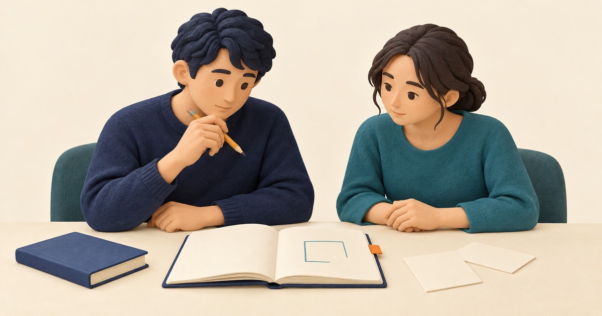 鉛筆を持つ人と隣の人が、机に開いたノートを一緒に見るイラスト