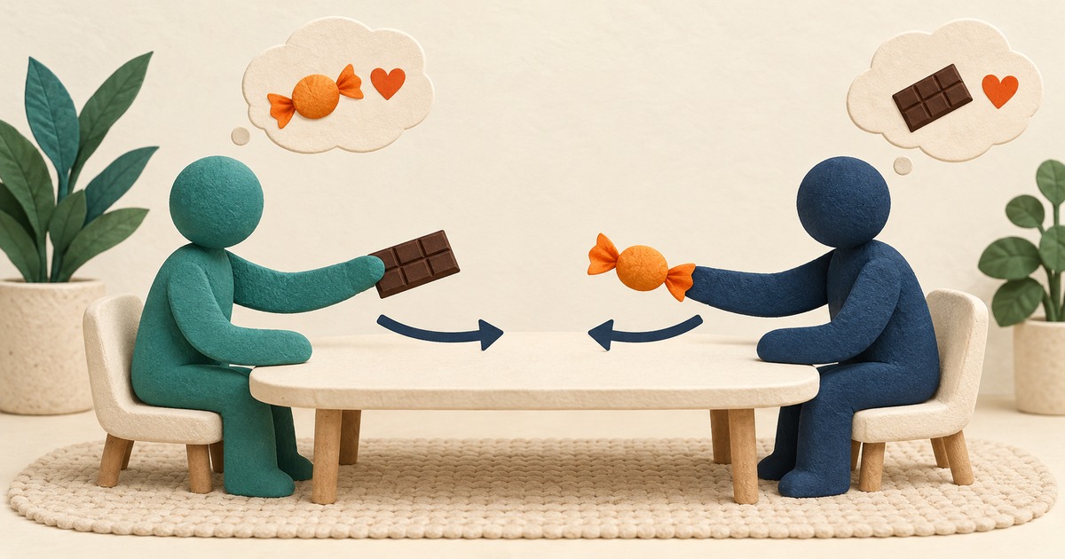 飴を好む人がチョコを、チョコを好む人が飴を差し出し、互いの好きなお菓子へ交換するイラスト