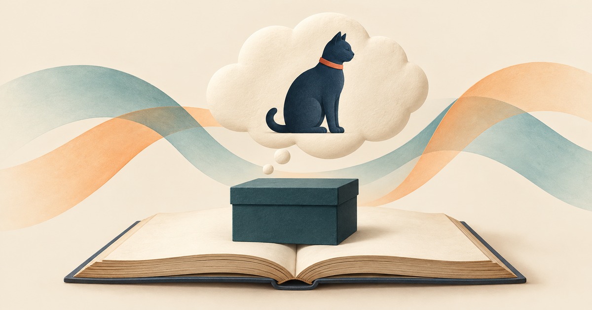 白紙の本に載った閉じた箱と、猫を描いた吹き出しのイラスト