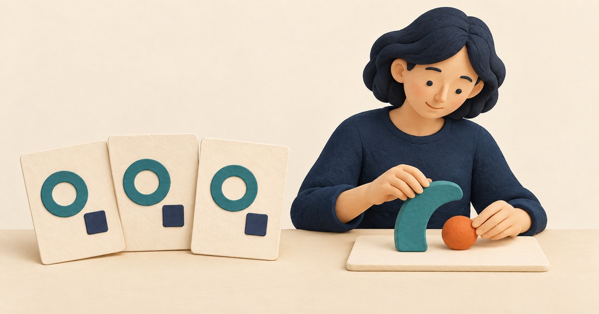 同じ図形が並ぶ三枚のカードと、色付きの立体を組み合わせる人のイラスト
