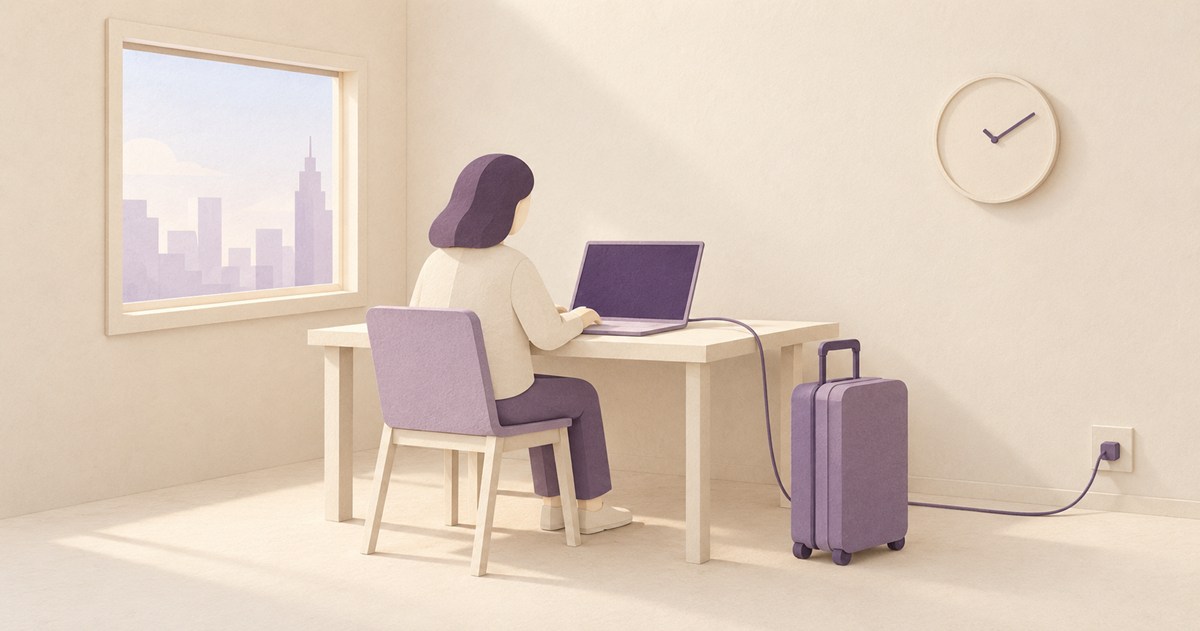 滞在先の部屋で紙人形が机のPCに向かい、横にスーツケース、壁に時計と電源を置いた模型