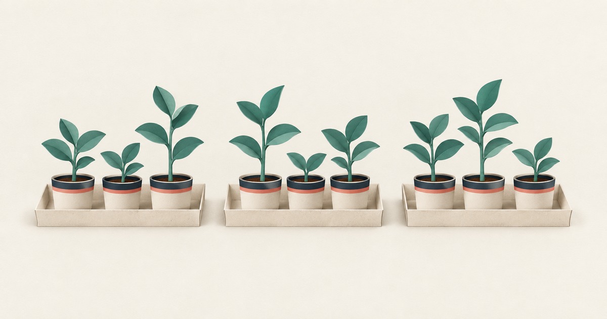 高さにばらつきのある鉢植えを、三つの群に分けて並べたイラスト