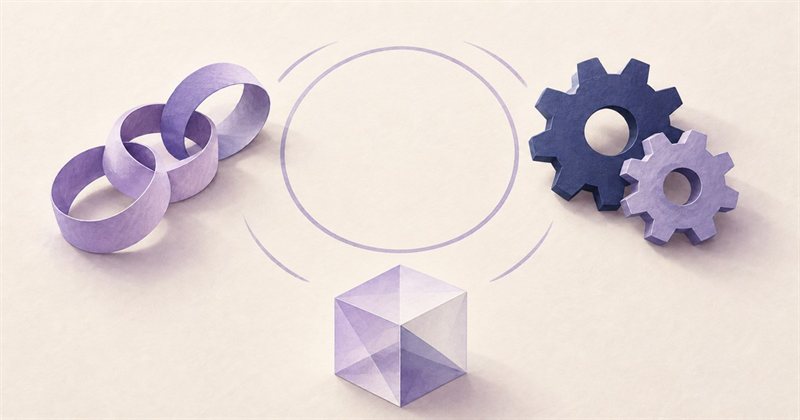 つながる輪、歯車、透明な立方体を、中央の円の周りに並べた模型