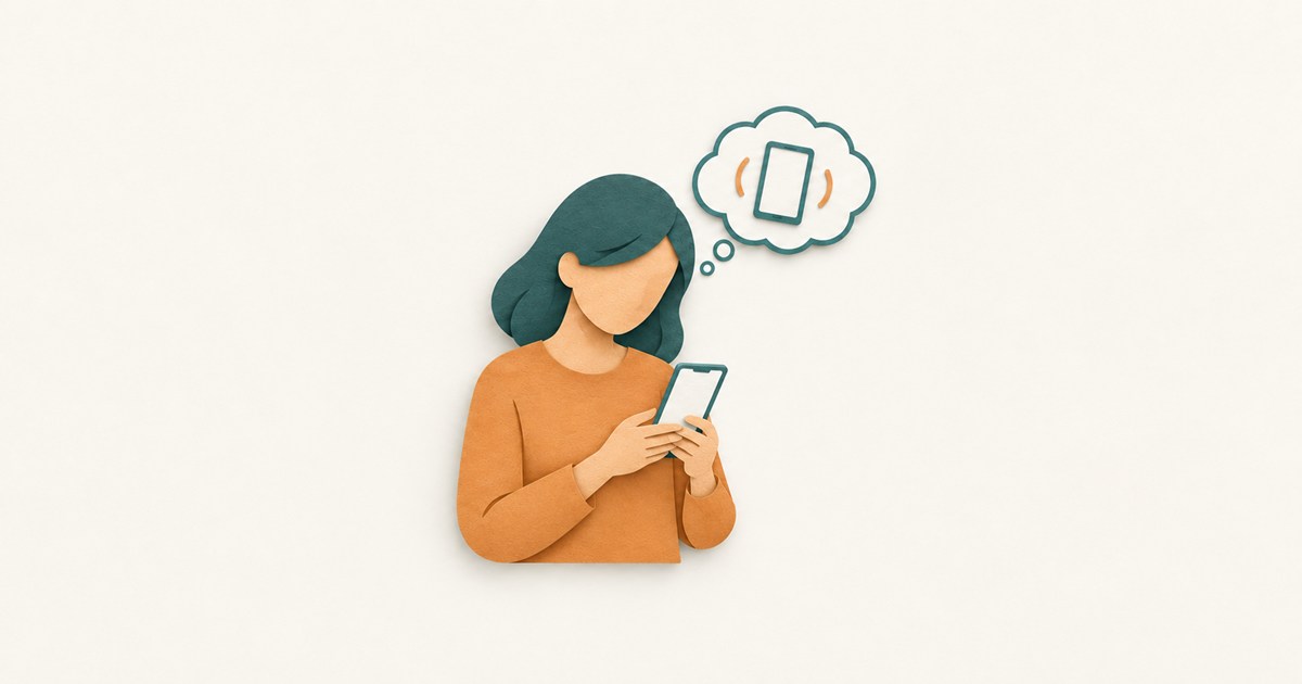 空白画面のスマートフォンを見る紙人形と、振動線の付いた端末の絵を入れた思考の吹き出し