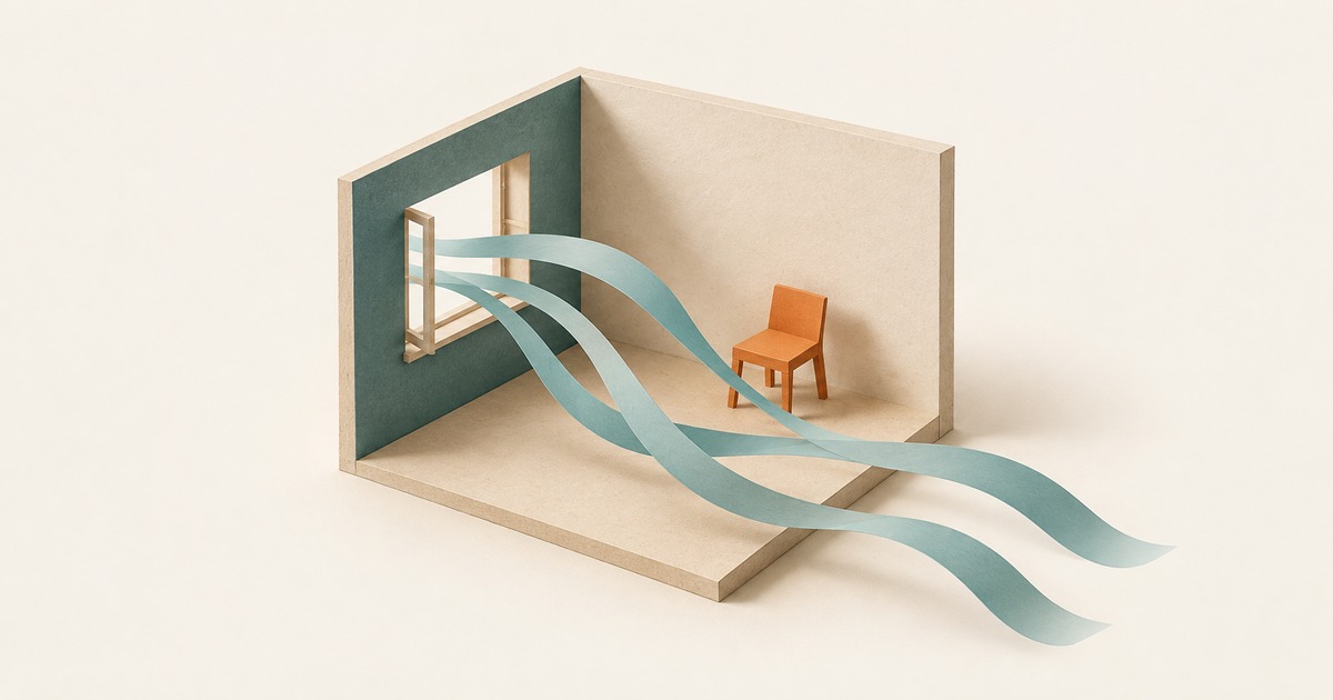 開いた窓と椅子のある部屋に、空気の流れを帯状に表したイラスト