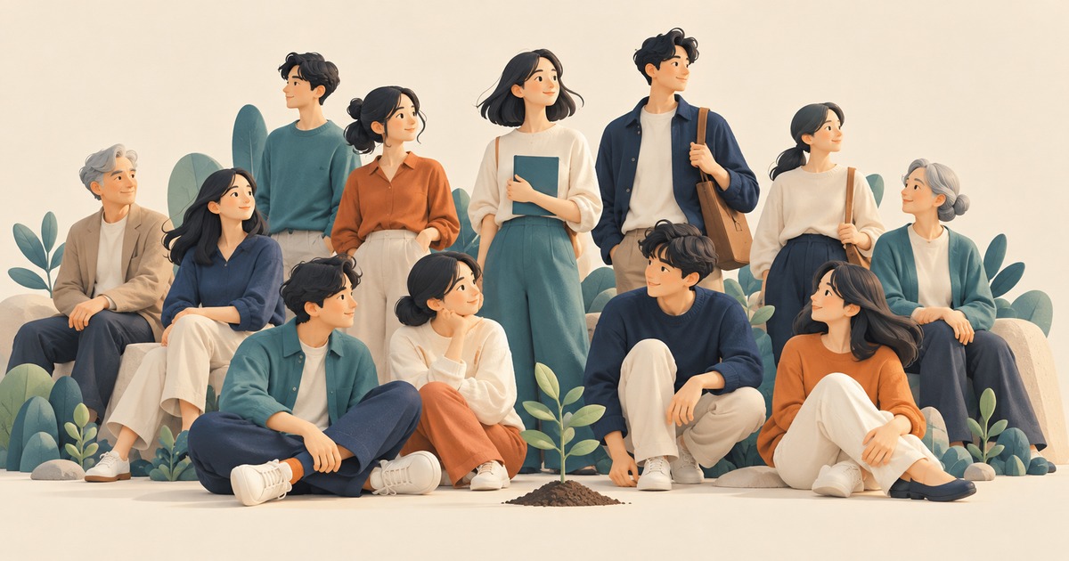 若い成人を中心に、年配の人たちも集う場を描いたイラスト